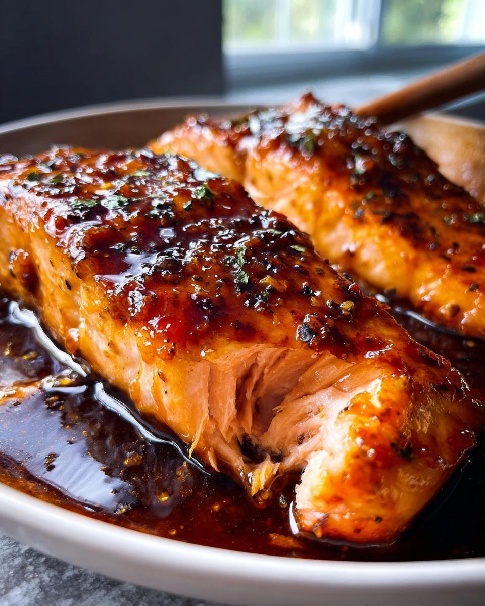 Close-up of flaky salmon fillet covered in a rich, dark hot honey glaze, part of Dorm-Friendly salmon recipes.