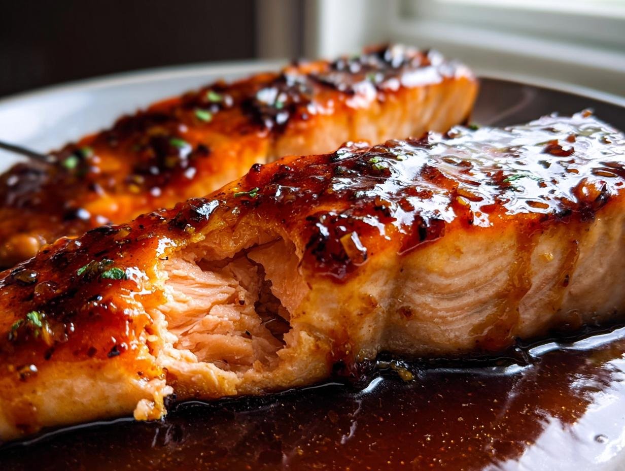 Close-up of a perfectly cooked salmon fillet covered in a thick, glossy hot honey glaze, ideal for dorm-friendly salmon recipes.