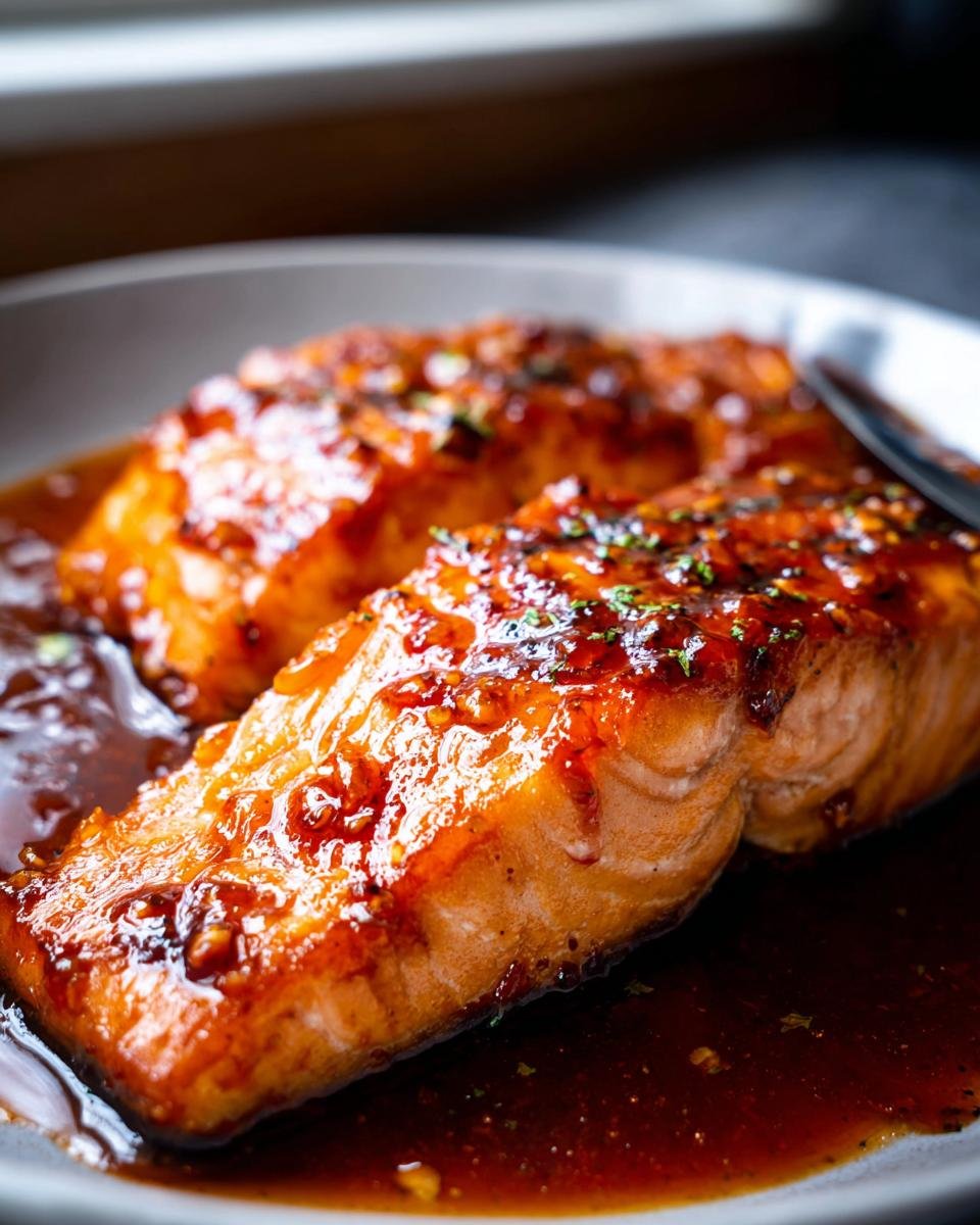 Two fillets of glistening Hot Honey Salmon coated in a thick, dark glaze, resting in sauce on a plate.