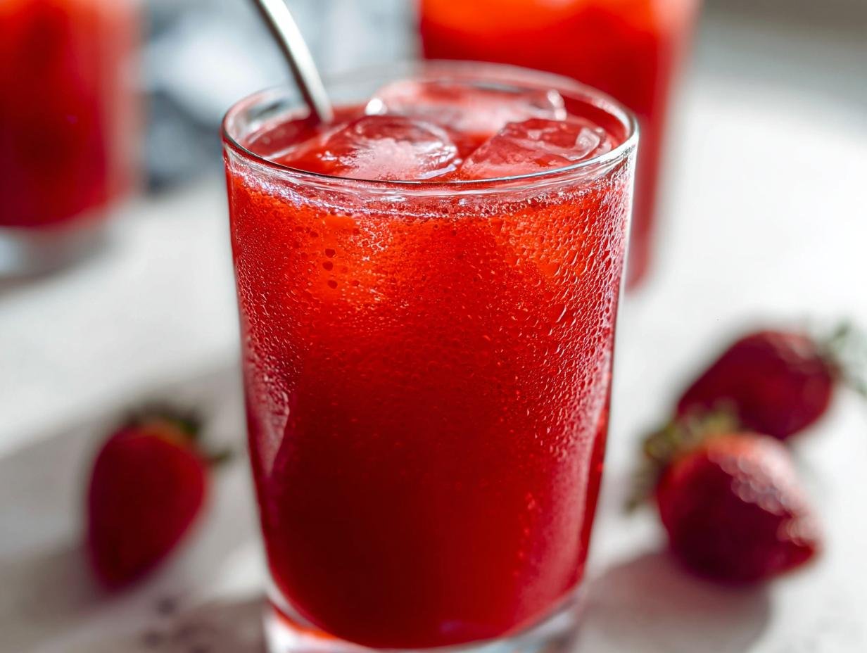 Close-up of a tall, sweating glass filled with bright red strawberry juice and ice cubes, with fresh strawberries nearby.