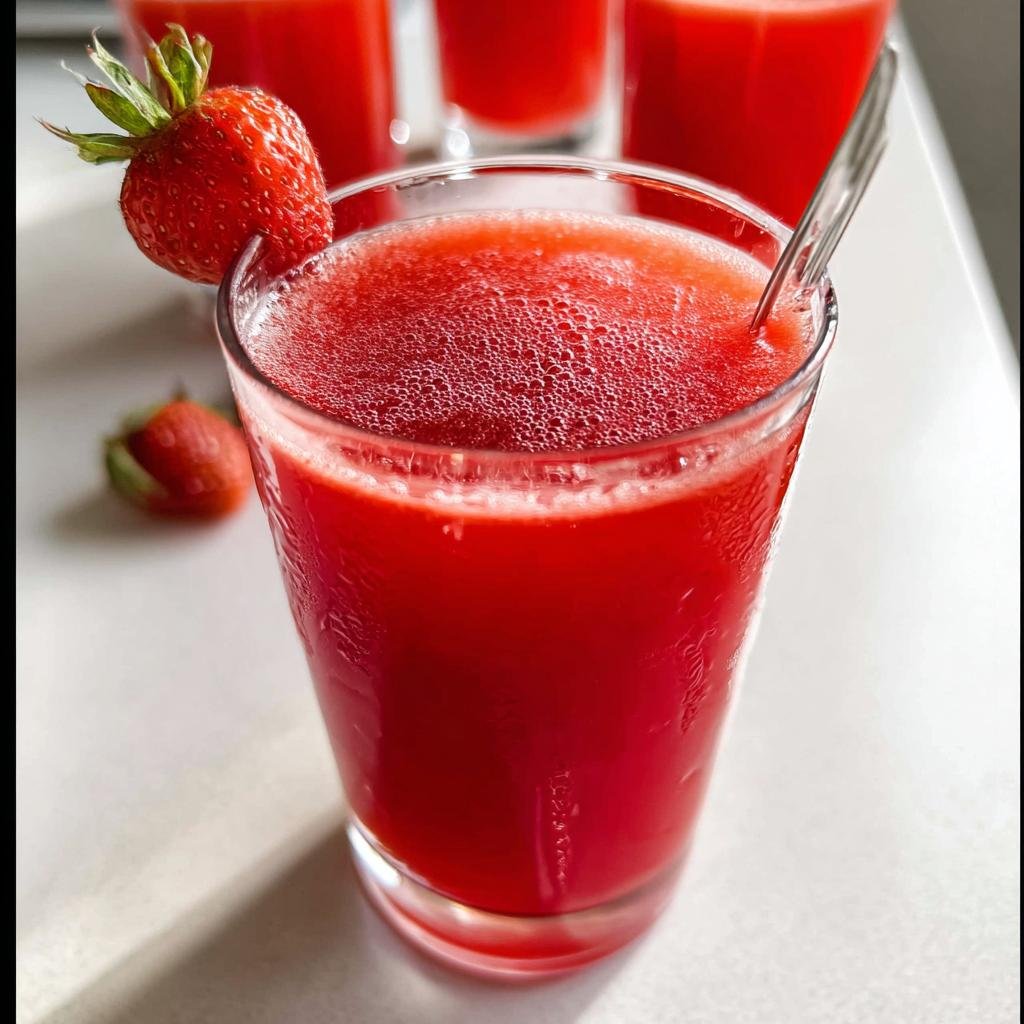 Close-up of a tall glass filled with bright red, freshly made strawberry juice, garnished with a whole strawberry.