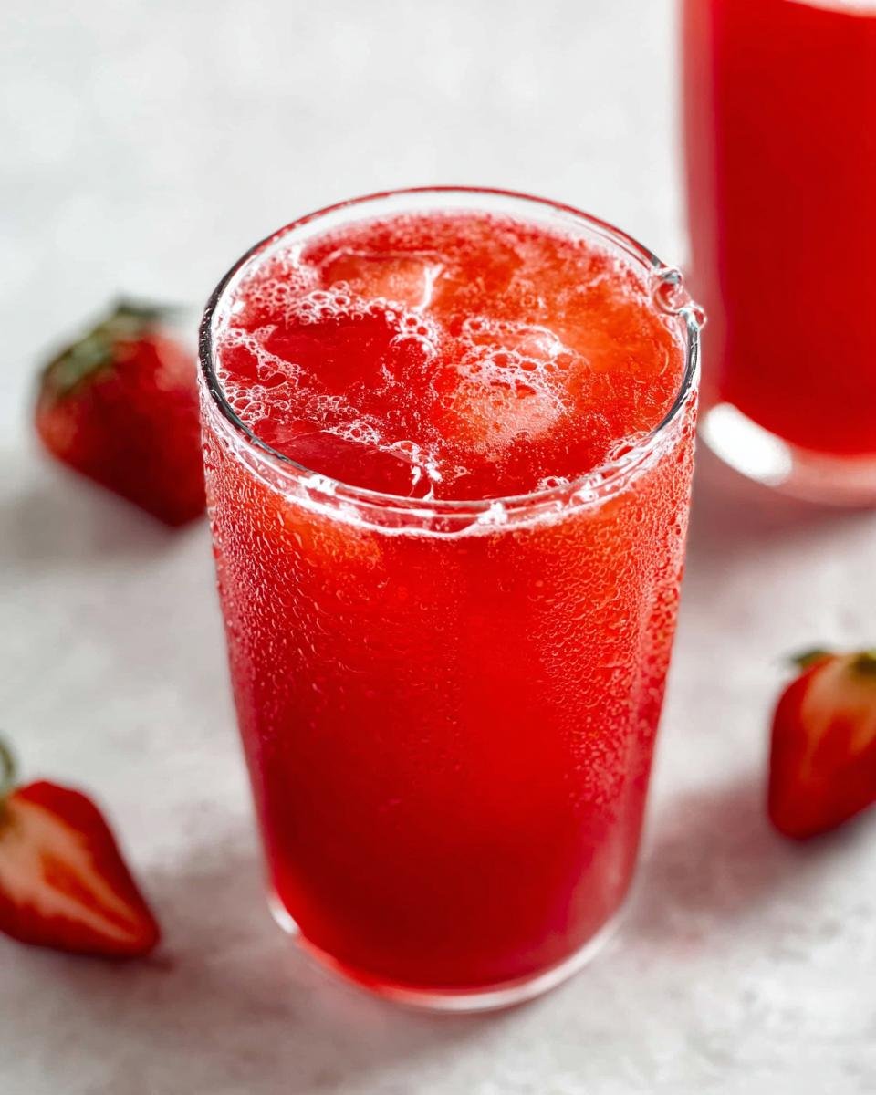 Close-up of a tall, sweating glass filled with bright red strawberry juice and ice cubes.