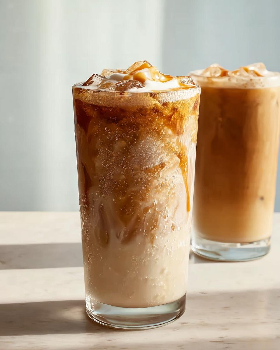 Two tall glasses of iced coffee, one featuring caramel drizzle and foam, representing Dorm-Friendly Starbucks Drinks.