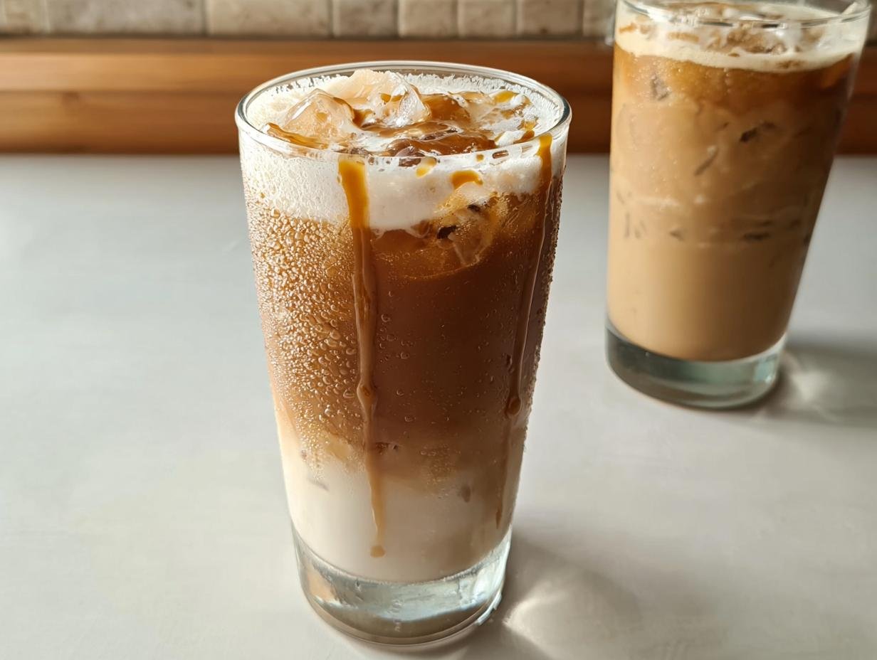 Two iced coffee drinks, one featuring caramel drizzle over foam, perfect for Dorm-Friendly Starbucks Drinks.