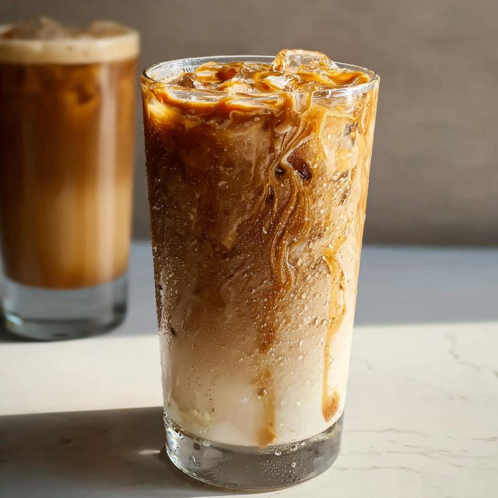 Close-up of a tall, sweating glass filled with an iced coffee drink featuring swirls of caramel sauce over milk and ice.