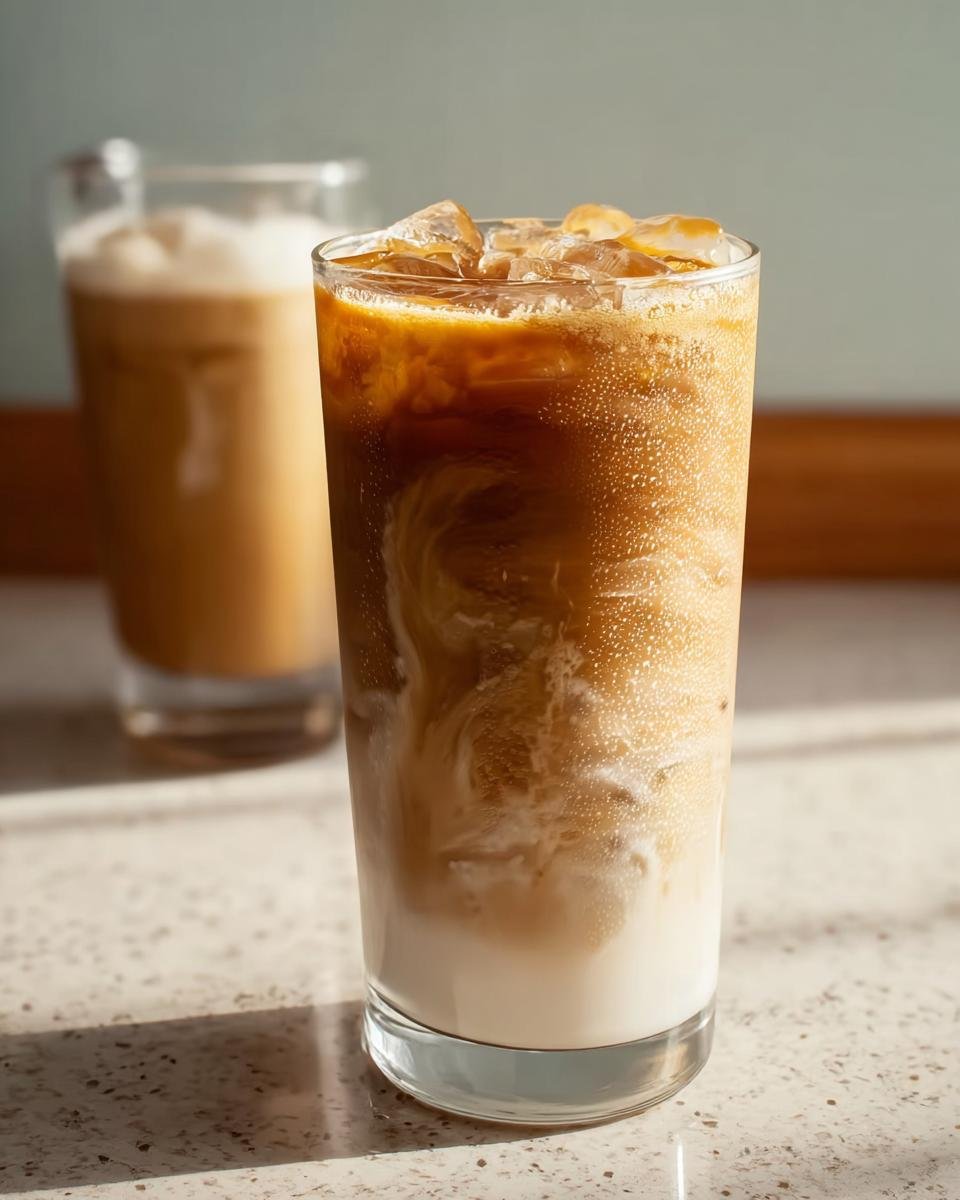 Close-up of an iced coffee drink showing milk swirling into espresso, a key component of Dorm-Friendly Starbucks Drinks.