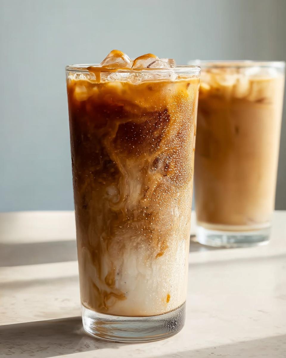 Close-up of an iced coffee drink showing rich swirls of espresso mixing with milk, perfect for Dorm-Friendly Starbucks Drinks.