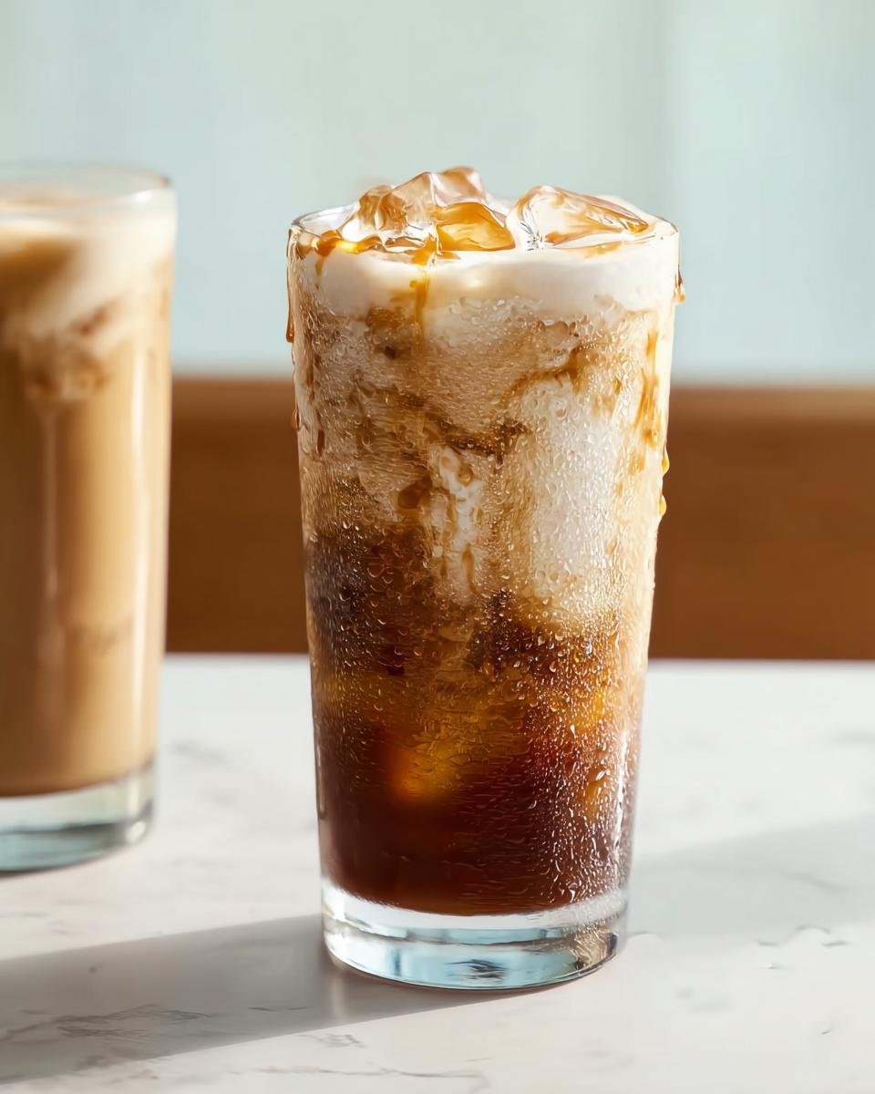 Close-up of a tall, sweating glass filled with iced coffee, cream, and caramel drizzle, perfect for Dorm-Friendly Starbucks Drinks.