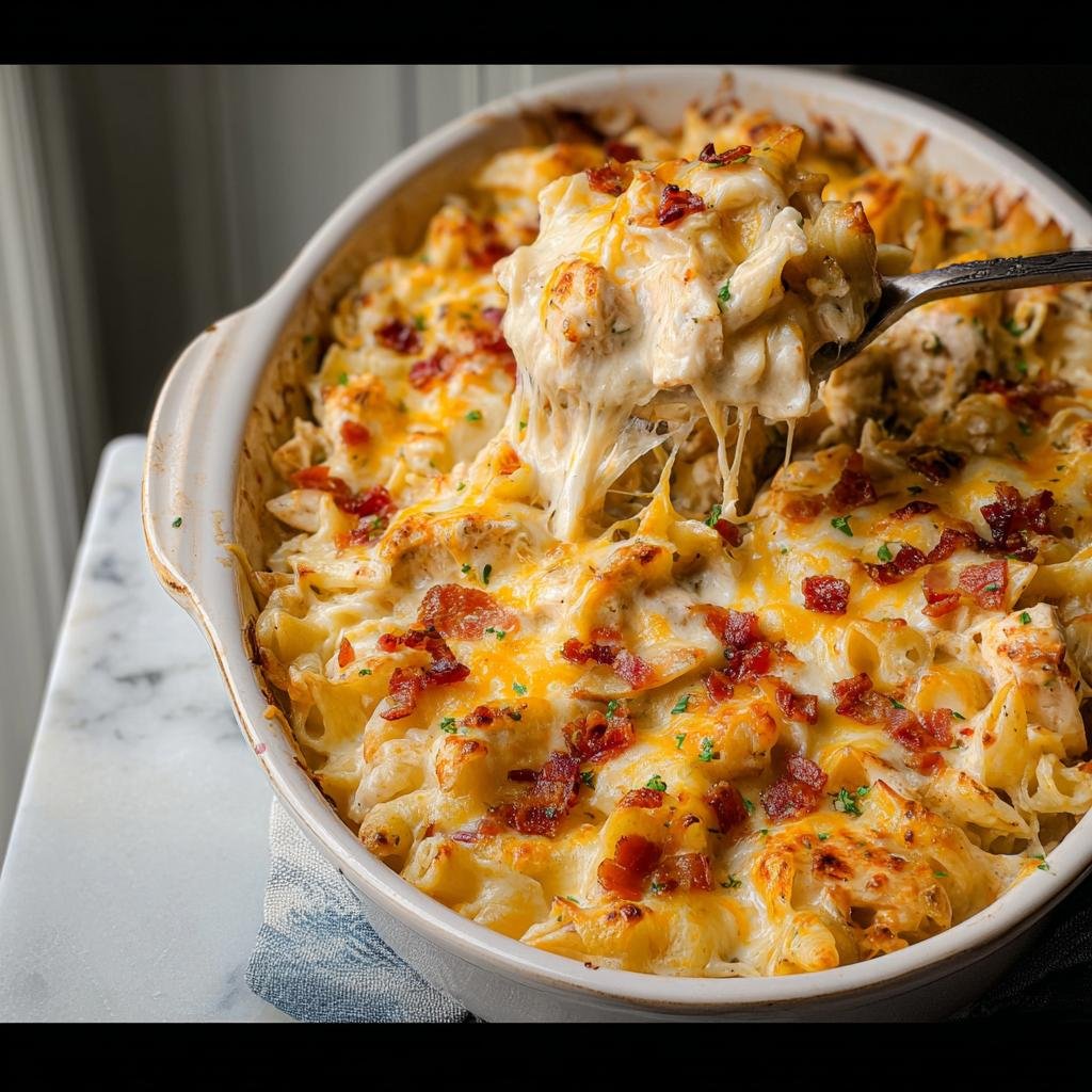 A spoonful of creamy, cheesy Irresistible Crack Chicken Casserole being lifted, showing a long cheese pull and bacon topping.