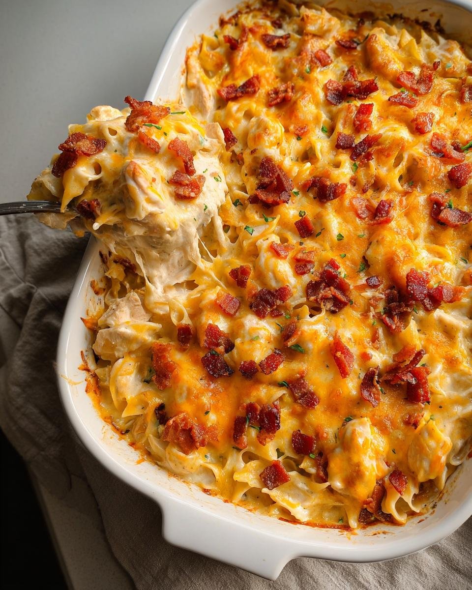 A spoonful of creamy, cheesy Crack Chicken Casserole being lifted from a white baking dish topped with melted cheddar and bacon.