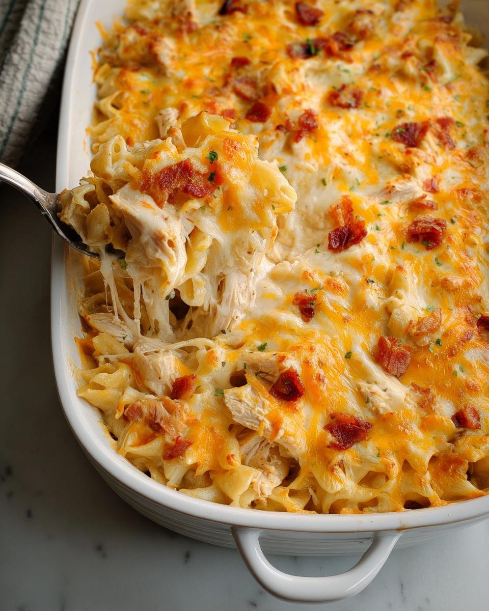 A spoonful of creamy, cheesy Crack Chicken Casserole being lifted from a white baking dish, showing melted cheese and bacon.