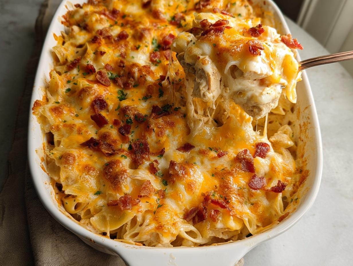 A spoonful of Irresistible Crack Chicken Casserole showing melted cheese strings being pulled from the baking dish.