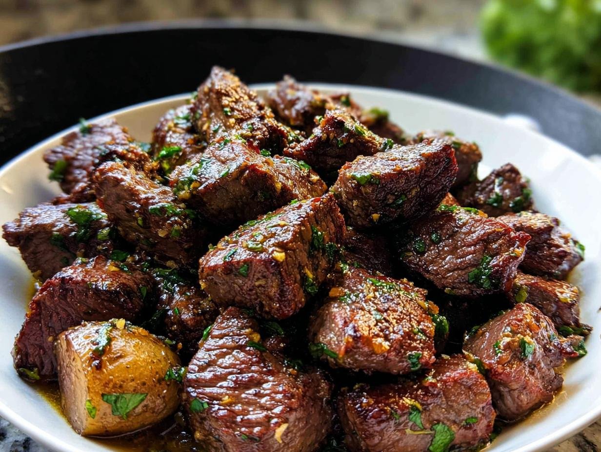 A close-up of juicy Garlic Butter Steak Bites and Potatoes coated in a rich, savory sauce and garnished with parsley.