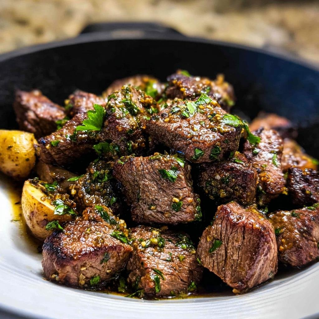 Close-up of juicy Garlic Butter Steak Bites coated in herbs and served with roasted potatoes.