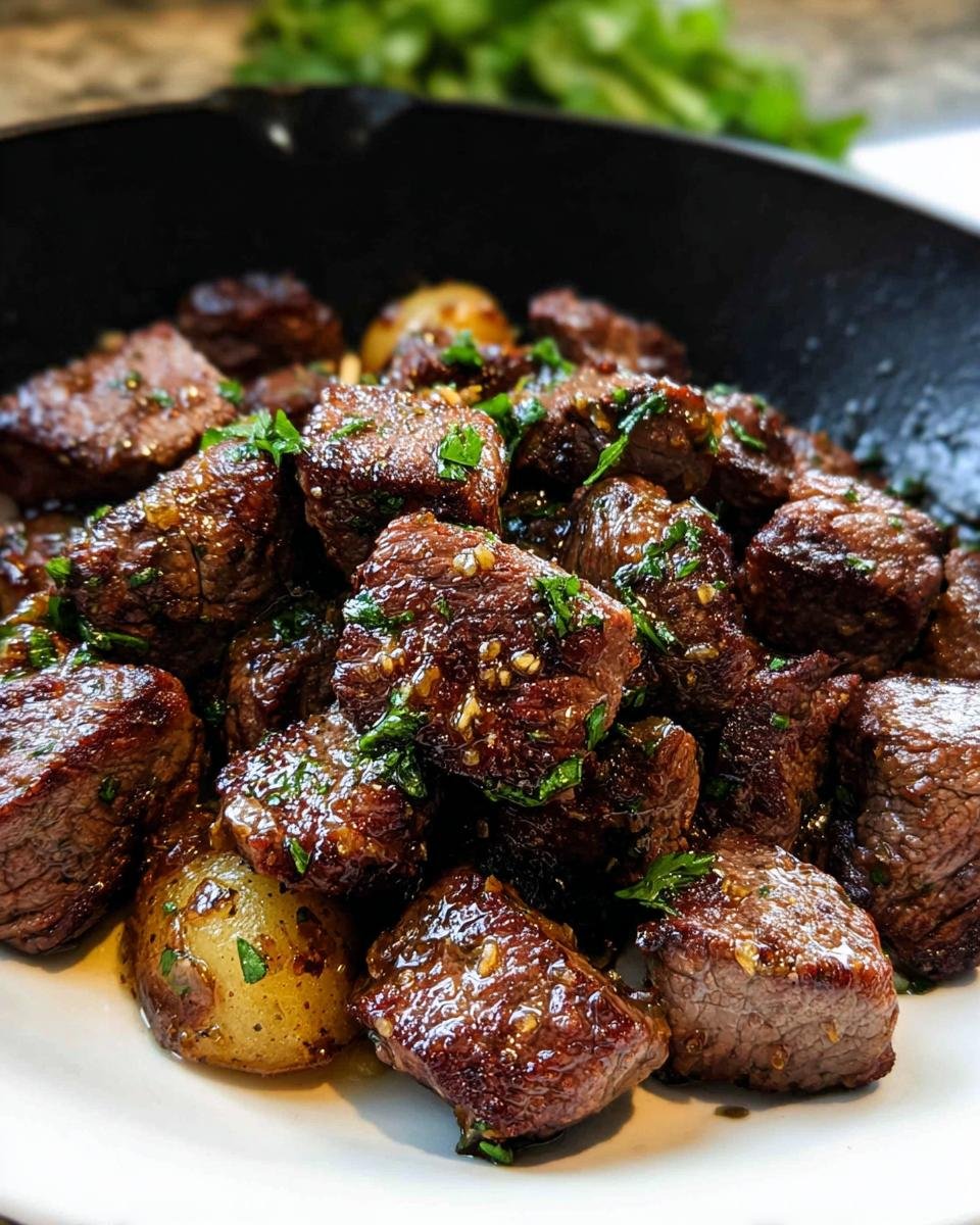 Close-up of juicy, seared garlic butter steak bites mixed with small roasted potatoes, garnished with parsley.