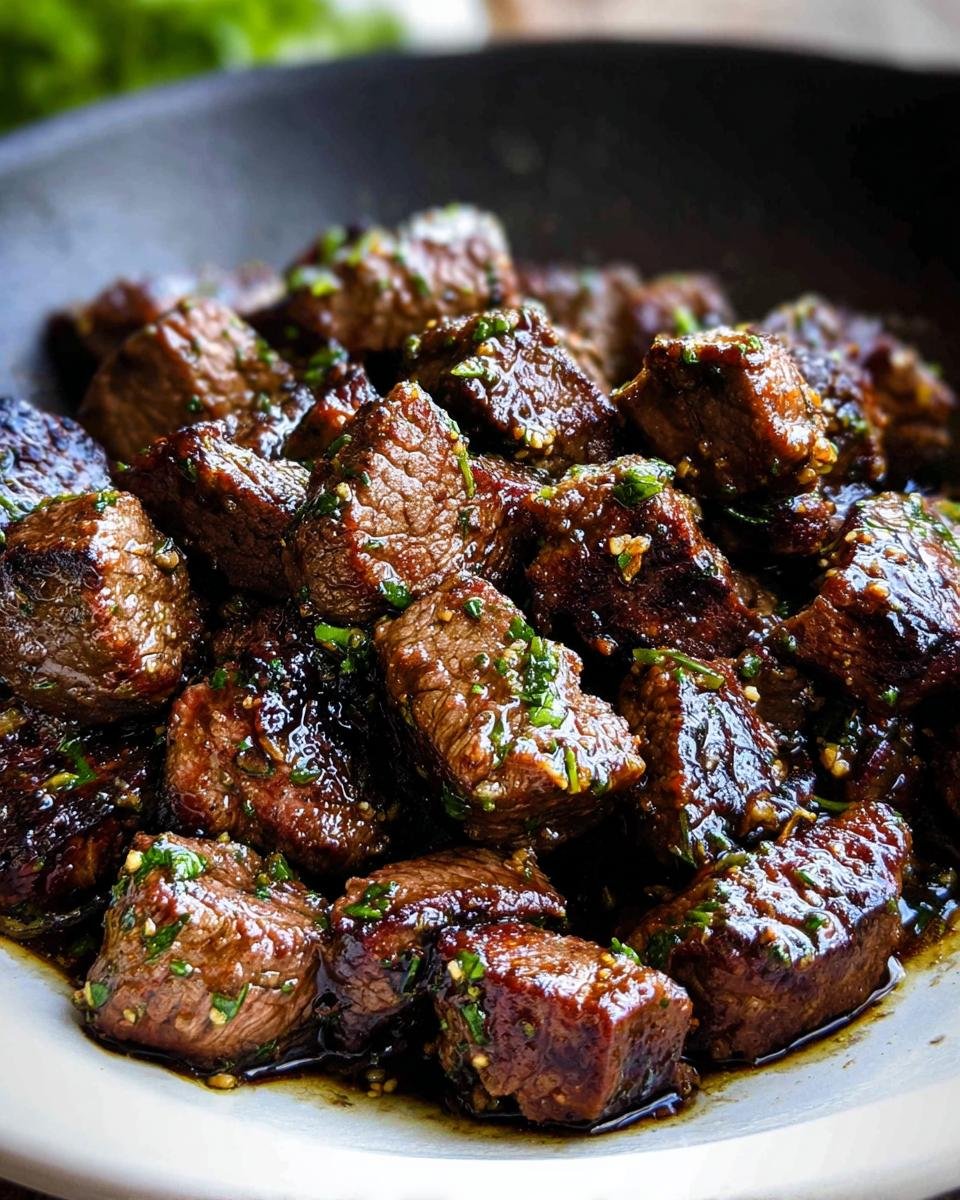 Close-up of juicy Garlic Butter Steak Bites coated in a glossy, dark sauce and sprinkled with fresh green herbs.