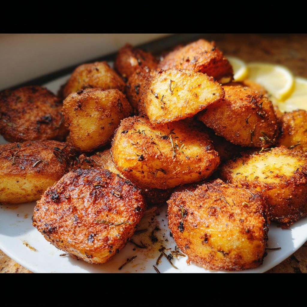 A pile of golden brown, Irresistibly Crispy Roast Potatoes seasoned with herbs on a white plate.