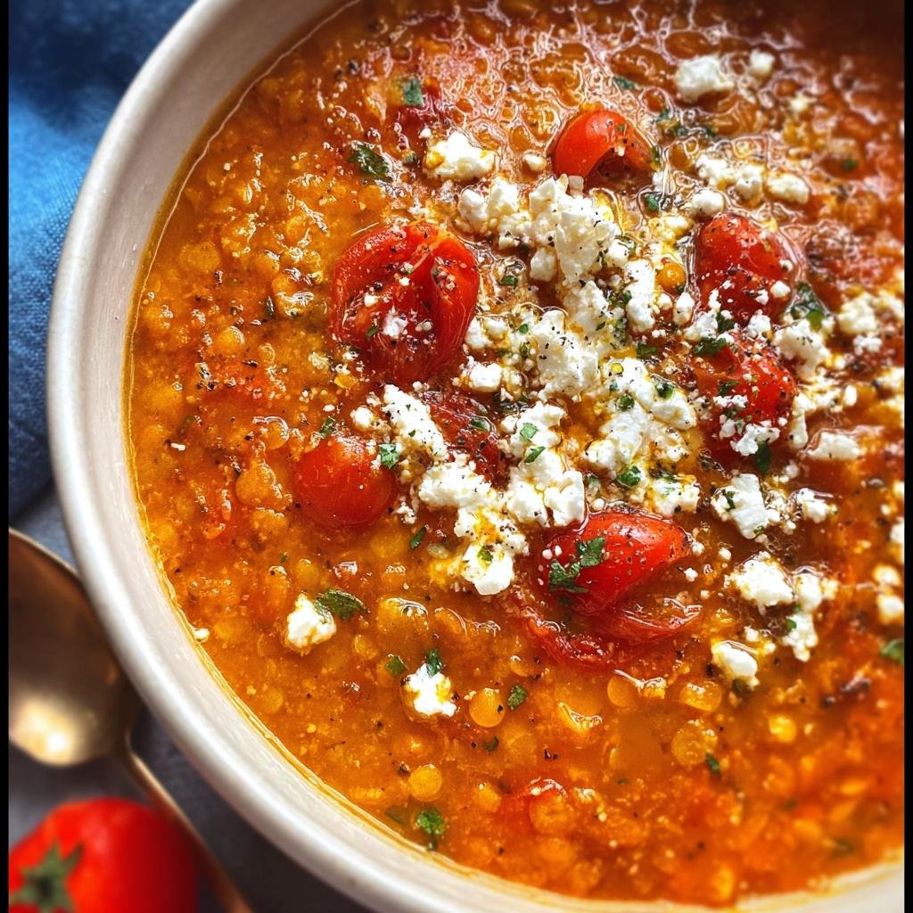 Close-up of vibrant orange lentil soup topped with roasted cherry tomatoes and crumbled feta cheese, a perfect New Year Weight-Loss Dinner Idea.