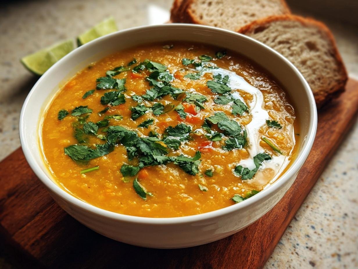 Close-up of a bowl of orange lentil soup topped with cilantro, perfect for Budget-Friendly Healthy Meal Prep Recipes.