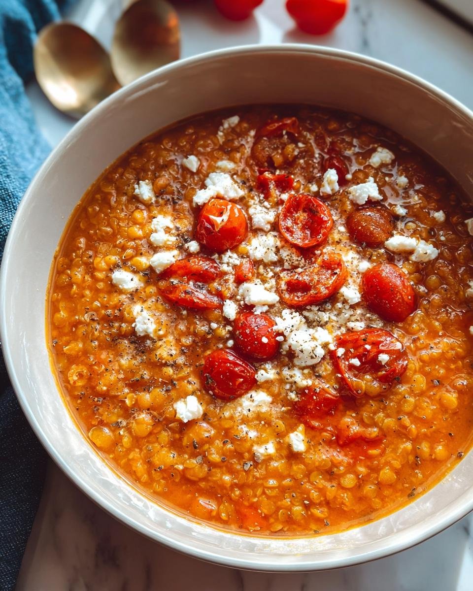 A warm bowl of orange lentil soup topped with roasted cherry tomatoes and crumbled feta cheese, perfect for New Year Weight-Loss Dinner Ideas.