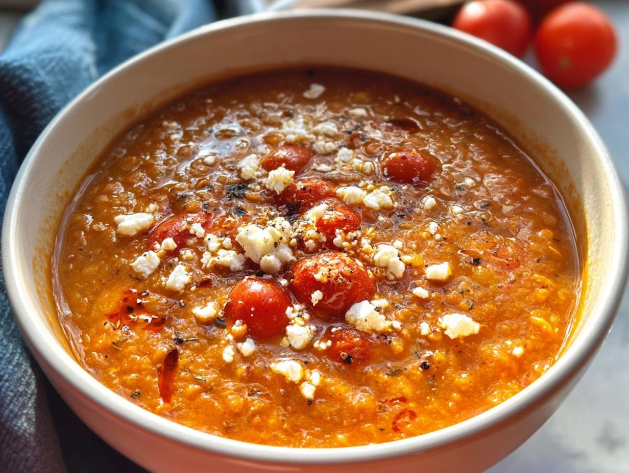 Close-up of a vibrant orange lentil soup topped with roasted cherry tomatoes and crumbled feta cheese, perfect for New Year weight-loss dinner ideas.