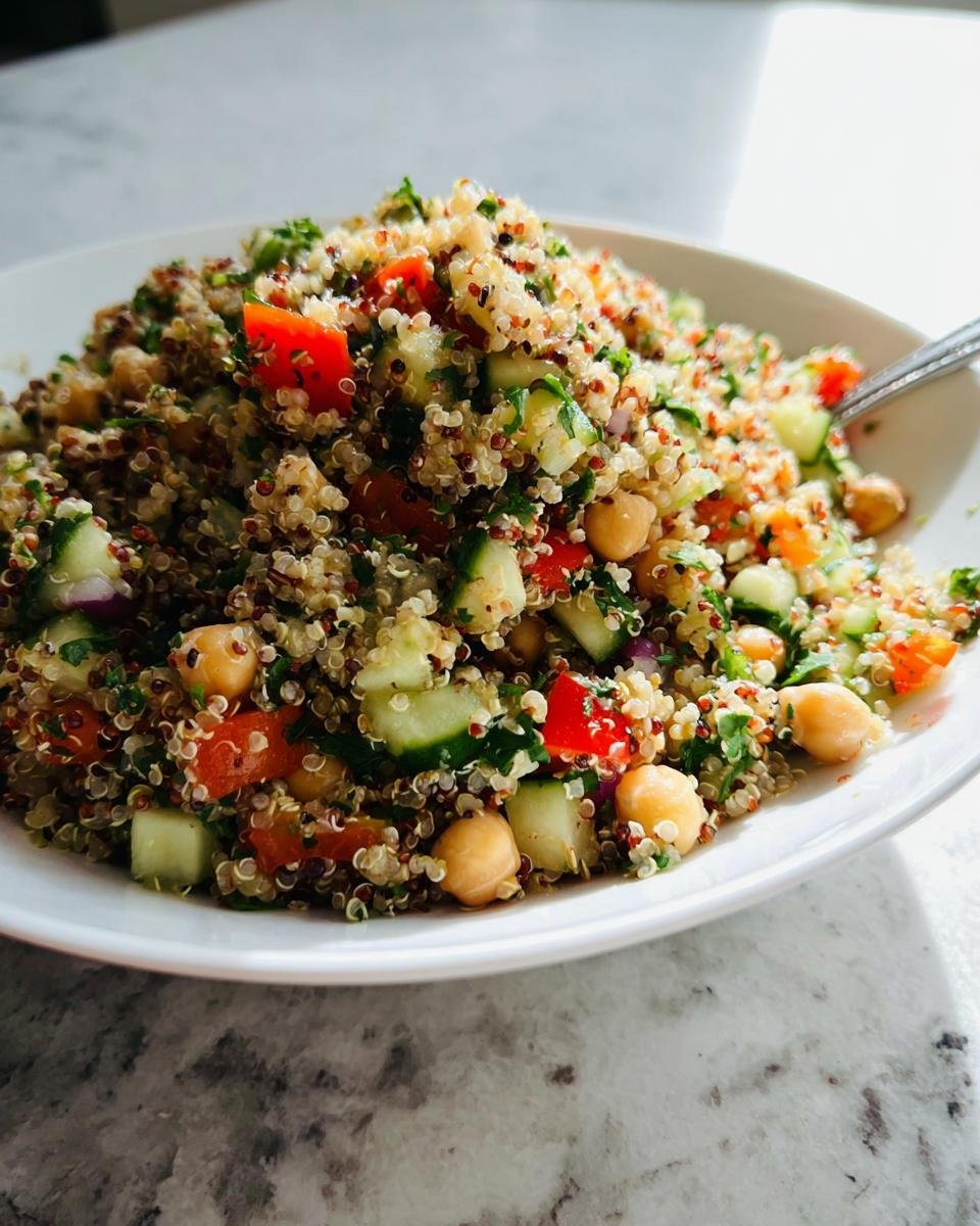 A close-up of a bowl filled with Light & Fresh Quinoa Salad featuring chickpeas, diced cucumber, tomato, and herbs.