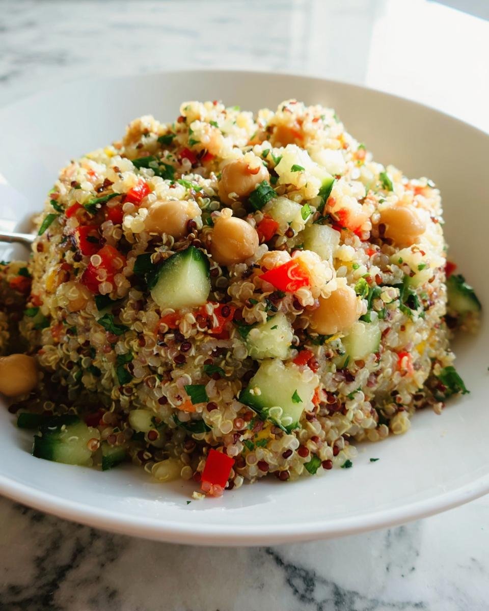 A vibrant bowl of Light & Fresh Quinoa Salad mixed with chickpeas, diced cucumber, and red peppers.