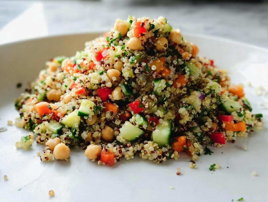 A mound of Light & Fresh Quinoa Salad featuring chickpeas, diced cucumber, peppers, and herbs on a white plate.