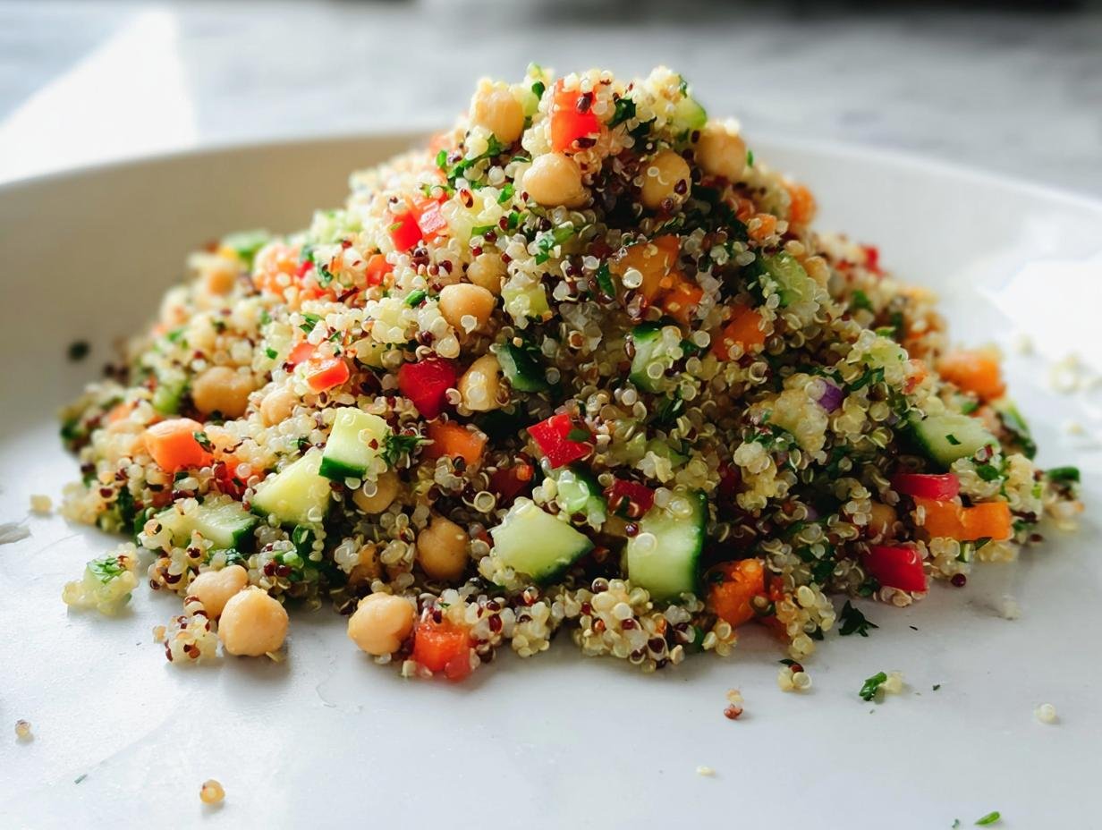 A mound of Light & Fresh Quinoa Salad featuring chickpeas, diced cucumber, peppers, and herbs on a white plate.