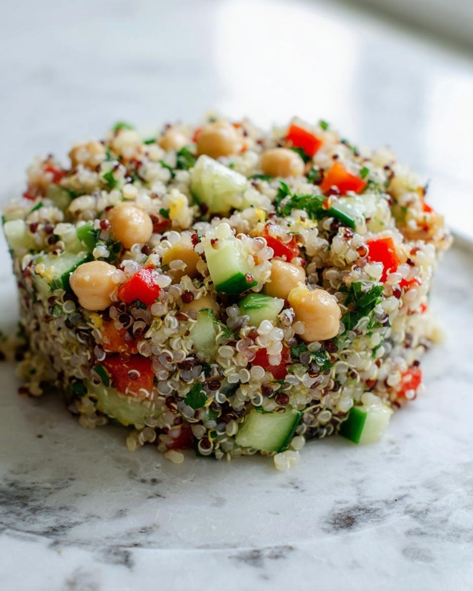 A molded serving of Light & Fresh Quinoa Salad featuring quinoa, chickpeas, diced cucumber, and red peppers on a marble surface.