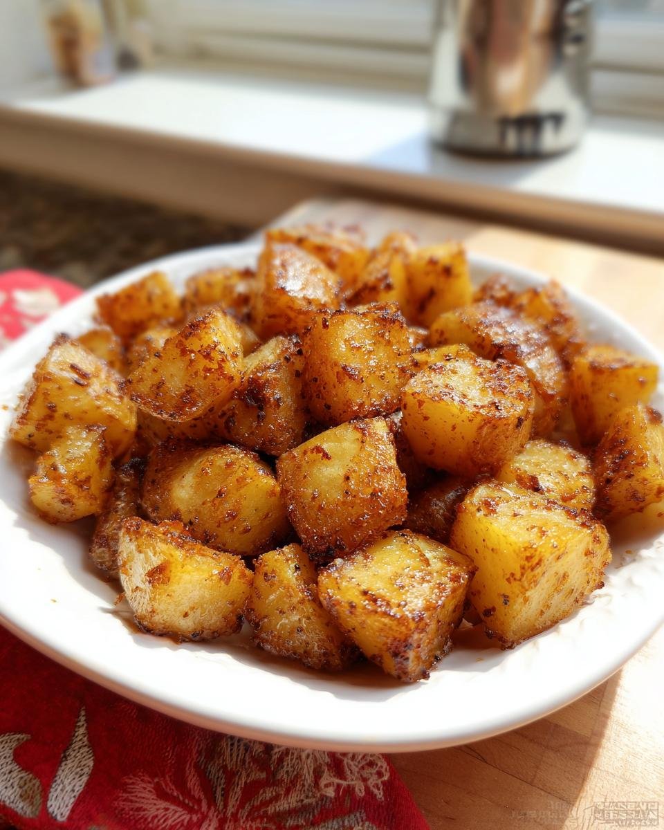 Close-up of golden brown, seasoned cubes from the How to Make Lipton Onion Potatoes Recipe served on a white dish.