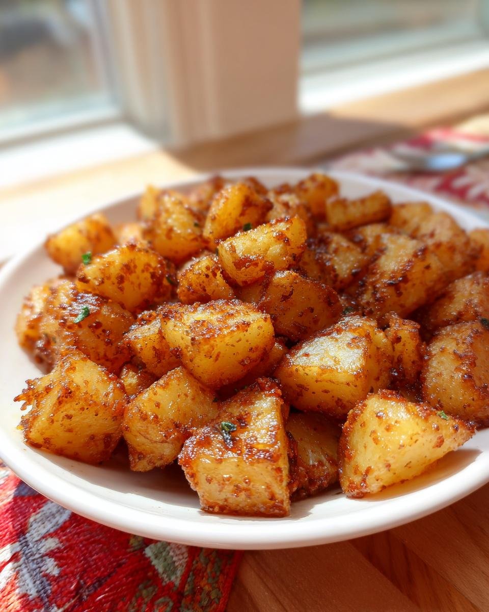Close-up of golden brown, seasoned, cubed potatoes from the Lipton Onion Potatoes Recipe served on a white plate.