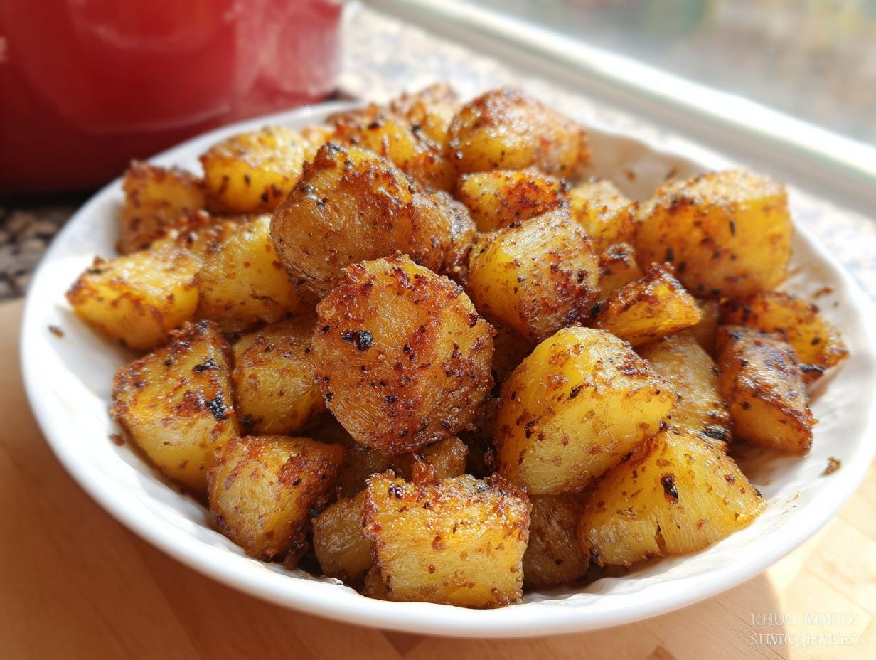 Close-up of golden brown, seasoned potatoes ready to eat, made using the Lipton Onion Potatoes Recipe.