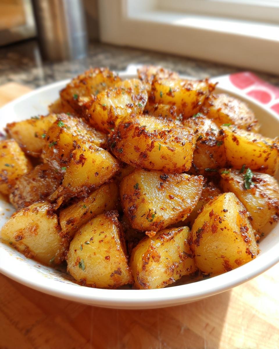 Close-up of golden, seasoned potatoes, prepared using the Lipton Onion Potatoes Recipe, served in a white bowl.