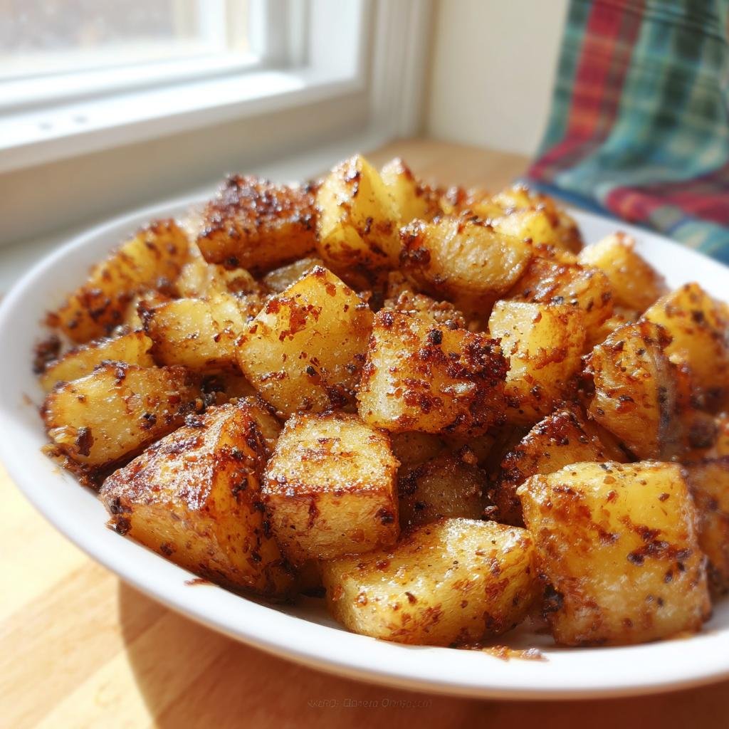 Close-up of golden, seasoned chunks ready for the Lipton Onion Potatoes Recipe served in a white bowl.