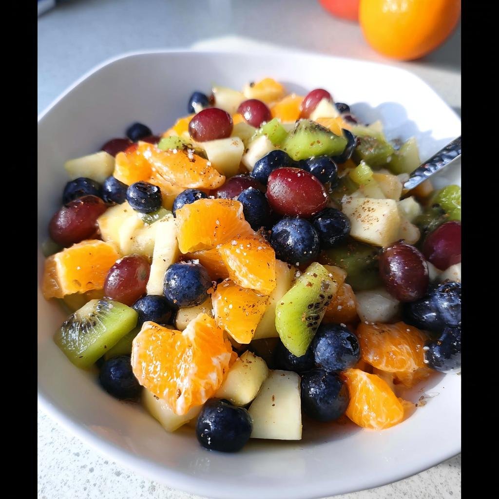 Close-up of a vibrant Love-Themed Fruit Salad featuring oranges, blueberries, grapes, kiwi, and apple chunks.