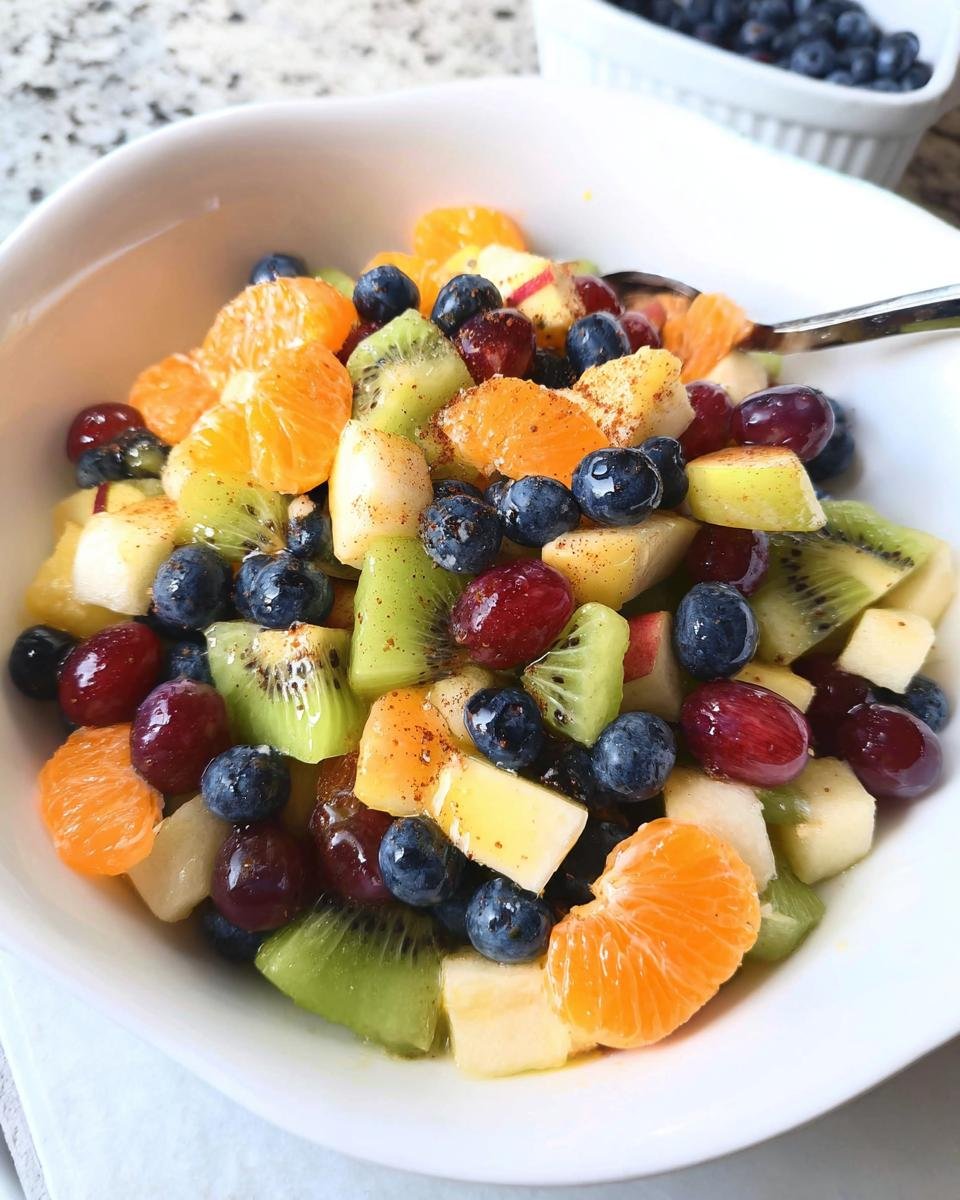 Close-up of a vibrant Love-Themed Fruit Salad featuring kiwi, blueberries, mandarin oranges, and grapes in a white bowl.