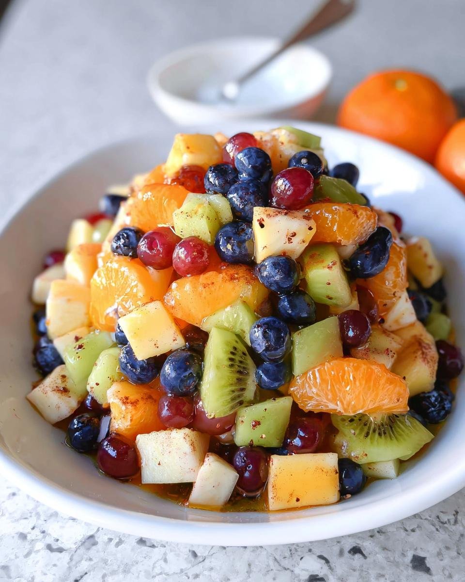 Close-up of a vibrant Love-Themed Fruit Salad featuring blueberries, oranges, kiwi, grapes, and apples in a white bowl.