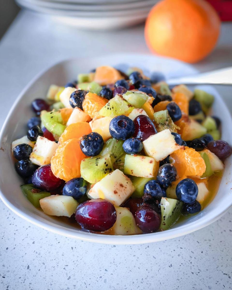 Close-up of a vibrant Love-Themed Fruit Salad featuring blueberries, kiwi, oranges, grapes, and apples.