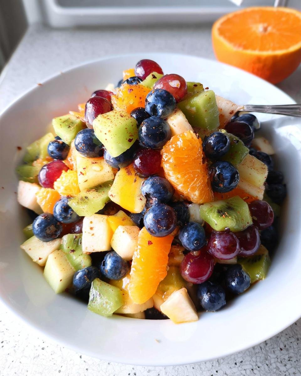 Close-up of a vibrant Love-Themed Fruit Salad featuring blueberries, kiwi, grapes, and orange segments in a white bowl.