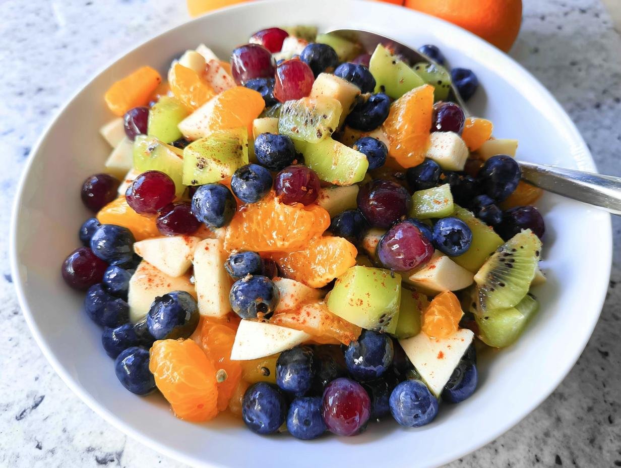 Close-up of a vibrant Love-Themed Fruit Salad featuring blueberries, oranges, kiwi, and grapes in a white bowl.