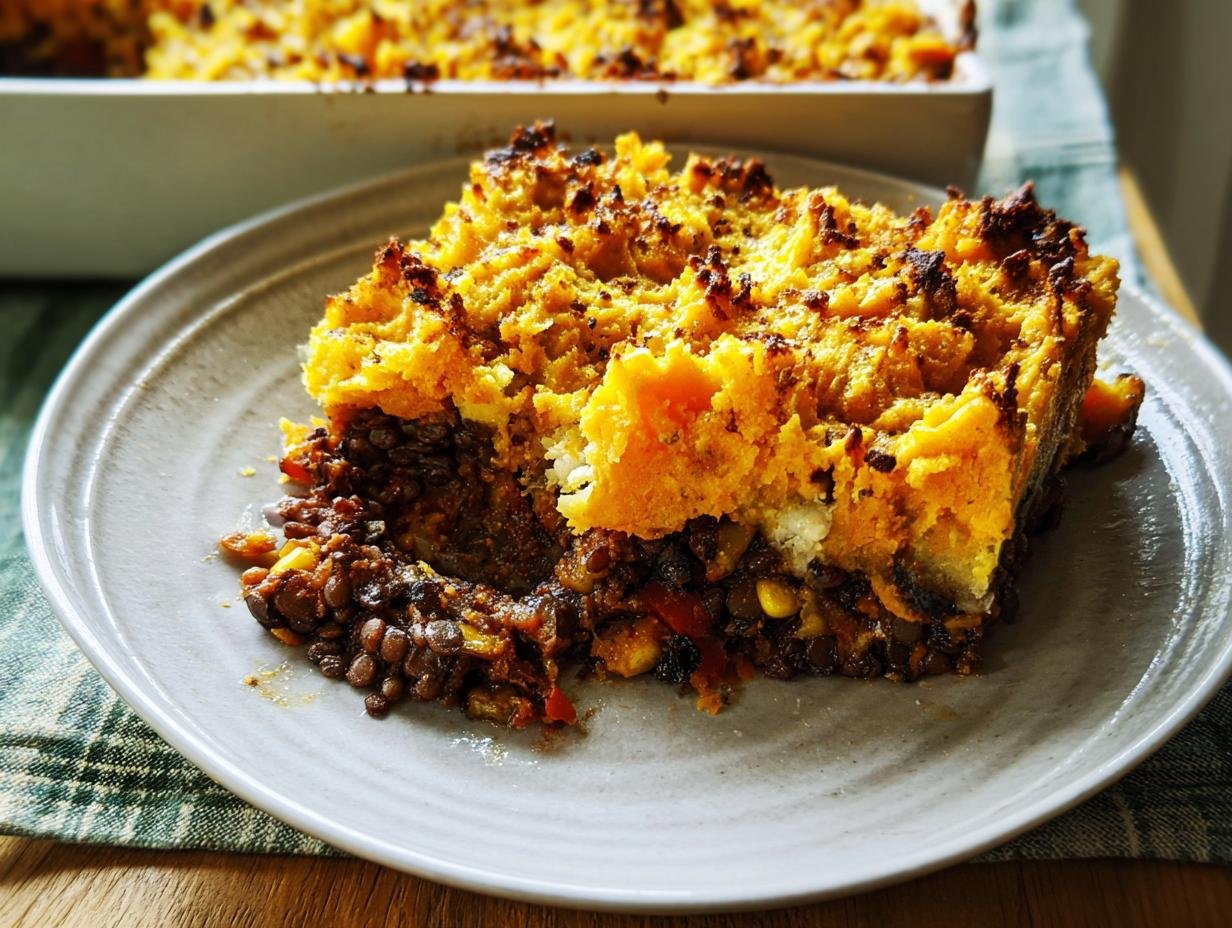 A hearty slice of lentil shepherd's pie with a golden sweet potato topping, perfect for simple low-calorie dinner ideas.