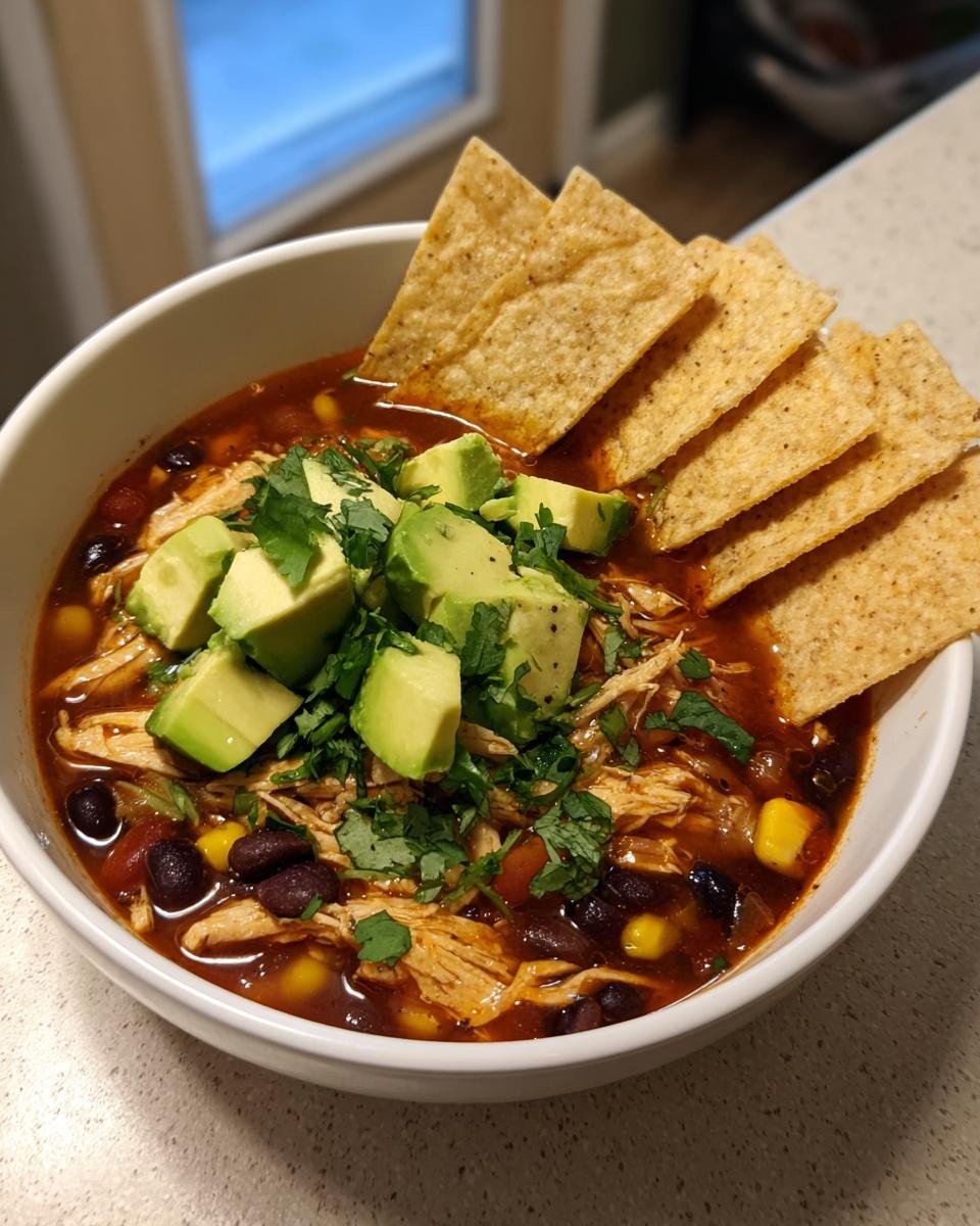 Bowl of shredded chicken tortilla soup topped with avocado and cilantro, served with tortilla chips. Great for Low-Calorie Snacks for January.