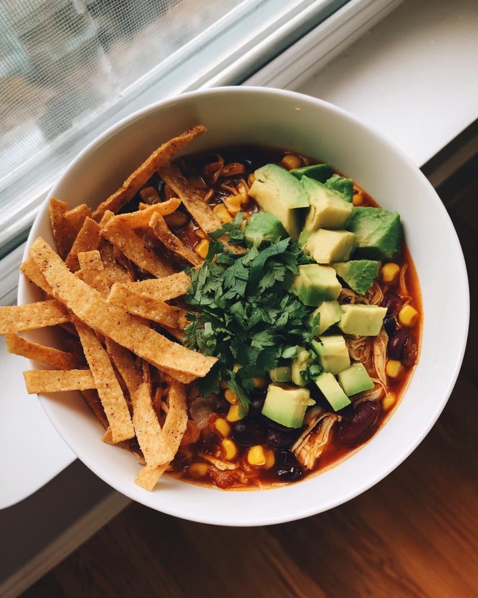 Bowl of chicken tortilla soup topped with avocado, cilantro, and tortilla strips, a perfect example of Low-Calorie Snacks for January.