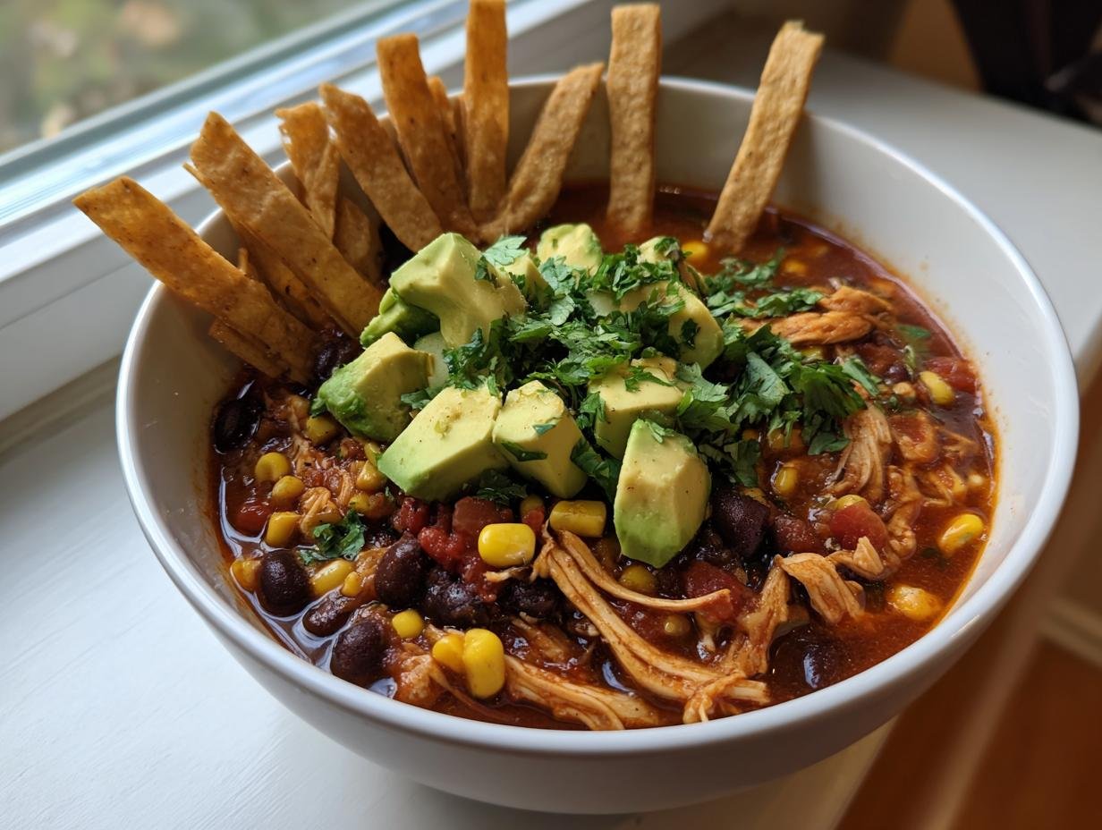 A hearty bowl of chicken tortilla soup, topped with avocado, cilantro, and tortilla strips, perfect for low-calorie snacks for January.