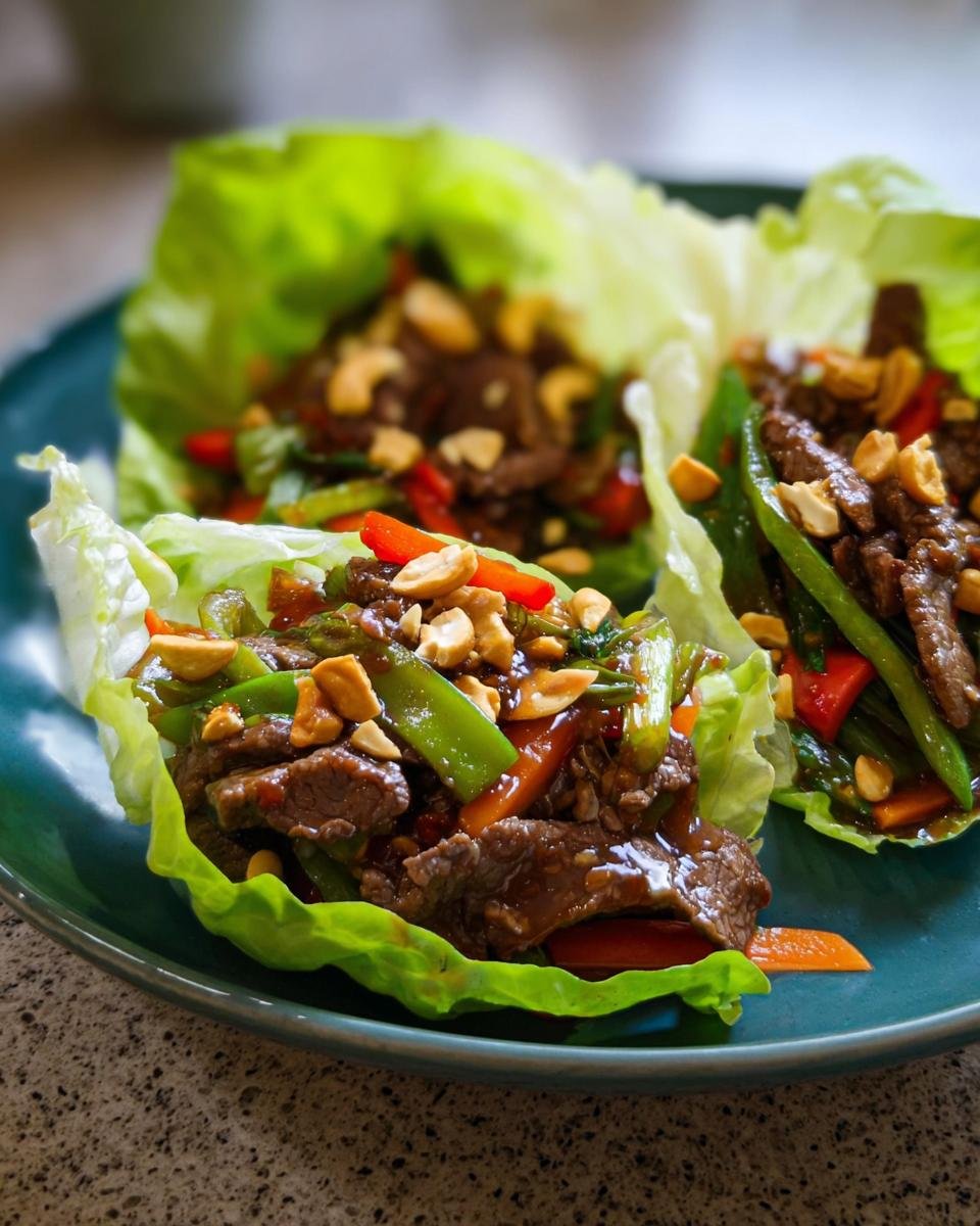 Two beef lettuce wraps filled with stir-fried vegetables and topped with peanuts, perfect for Simple Low-Carb Dinner Ideas.