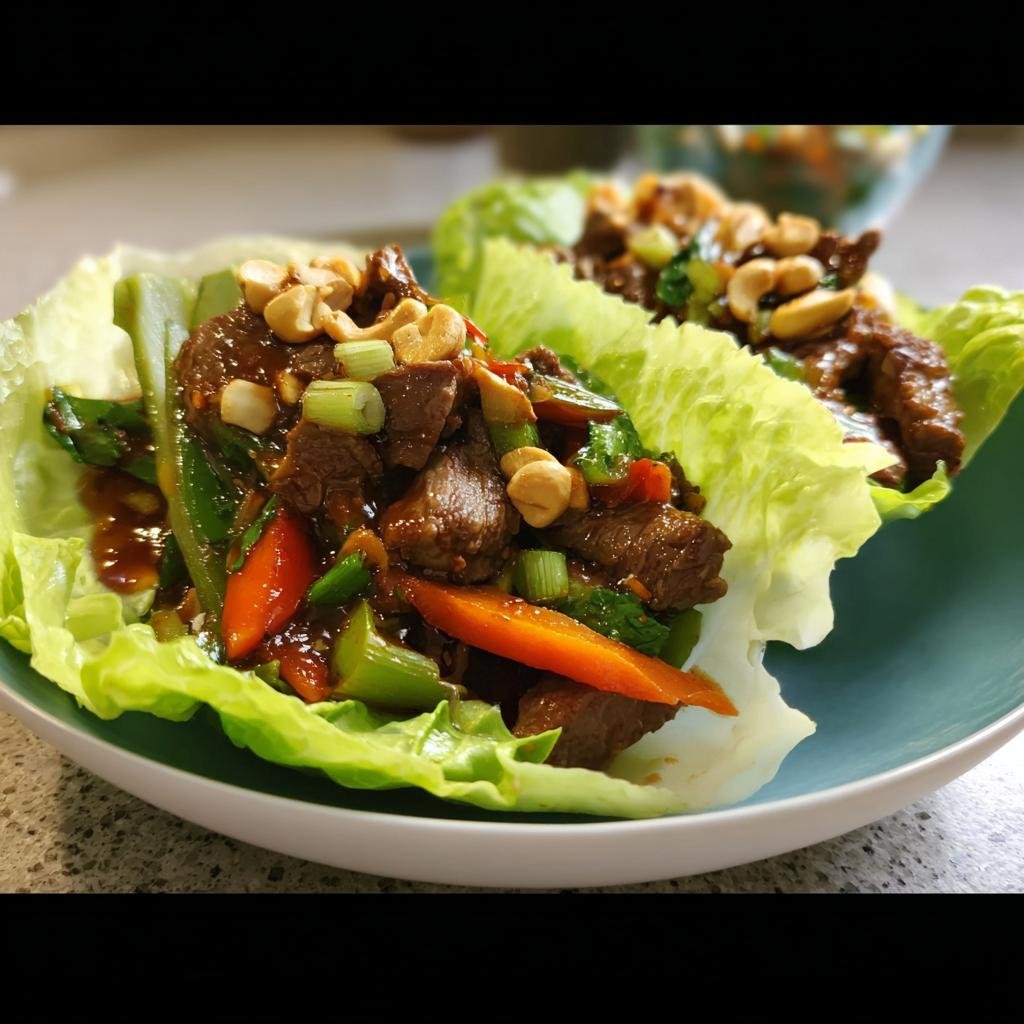 Two servings of savory beef stir-fry served in crisp lettuce cups, a perfect example of Simple Low-Carb Dinner Ideas.