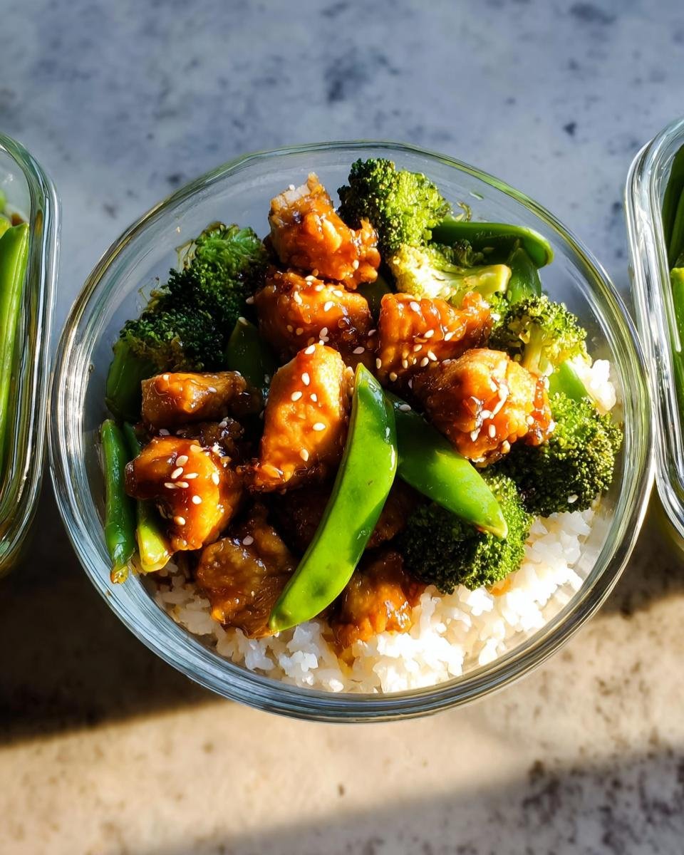A glass container holding a Make-Ahead Healthy Lunch & Dinner Idea: sesame chicken with broccoli, snap peas, and white rice.
