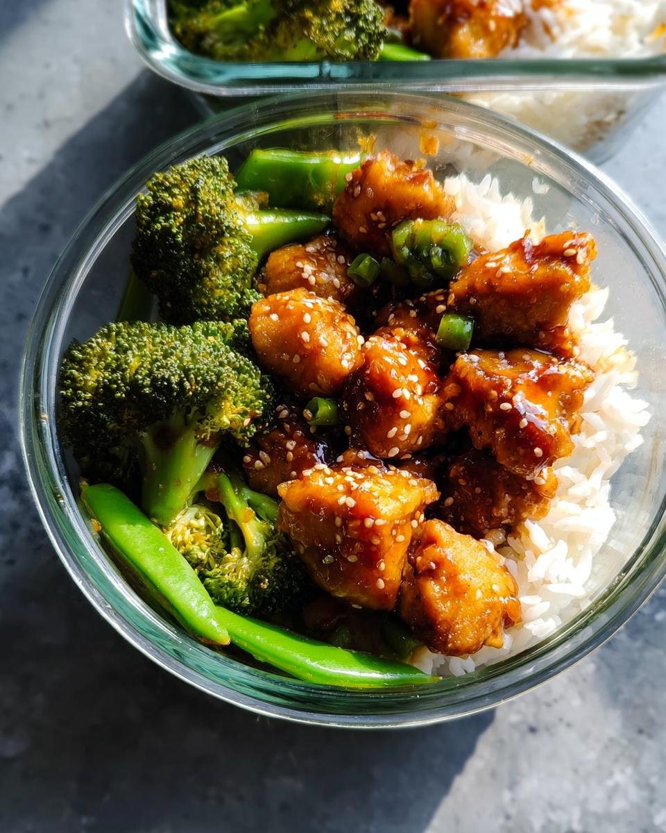 Close-up of a glass container holding sesame chicken, white rice, broccoli, and snap peas—a perfect Make-Ahead Healthy Lunch & Dinner Idea.