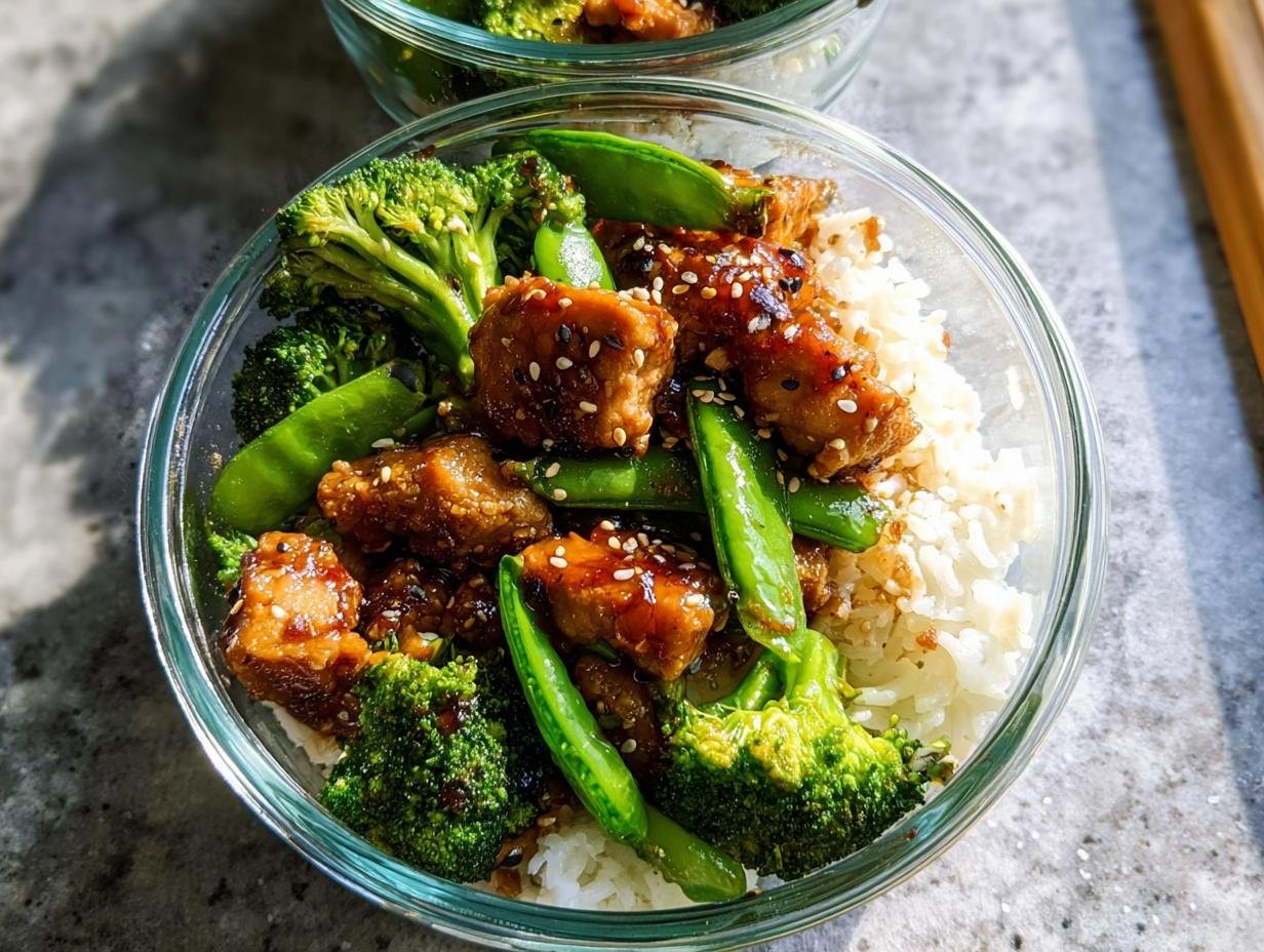 A glass container filled with rice, broccoli, snap peas, and sesame-glazed chicken, perfect for a Make-Ahead Healthy Lunch & Dinner Idea.